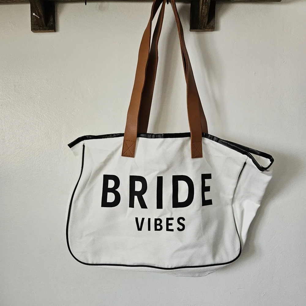 White and Brown Tote Bag with 'Bride Vibes'
